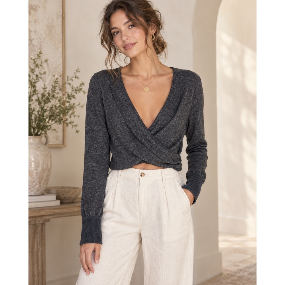 Anthropologie Surplice Wrap Balletcore Sweater Charcoal Parisian Crop Top Small